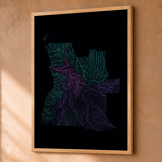 Quadro dos rios de Angola — Neon hidrográfico, Natural · Sem margem — Fine art emoldurado — 3x4