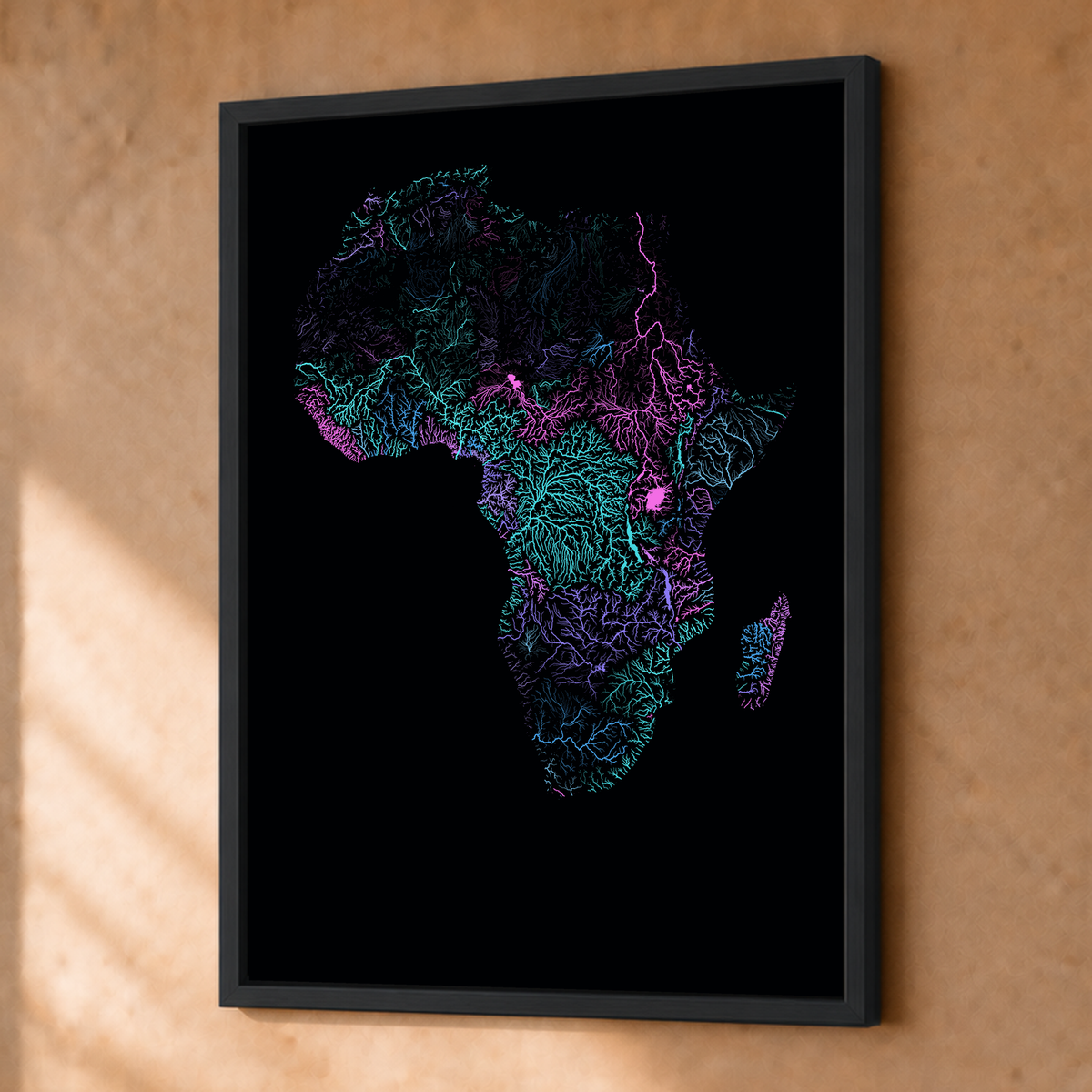 Beautiful Rivers — África — Neon hidrográfico, Fine art emoldurado · 30 × 40 cm, Preto · Sem margem