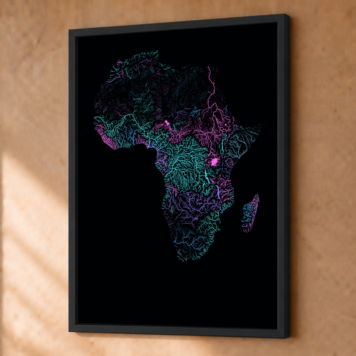 Beautiful Rivers — África — Neon hidrográfico, Fine art emoldurado · 45 × 60 cm, Preto · Sem margem
