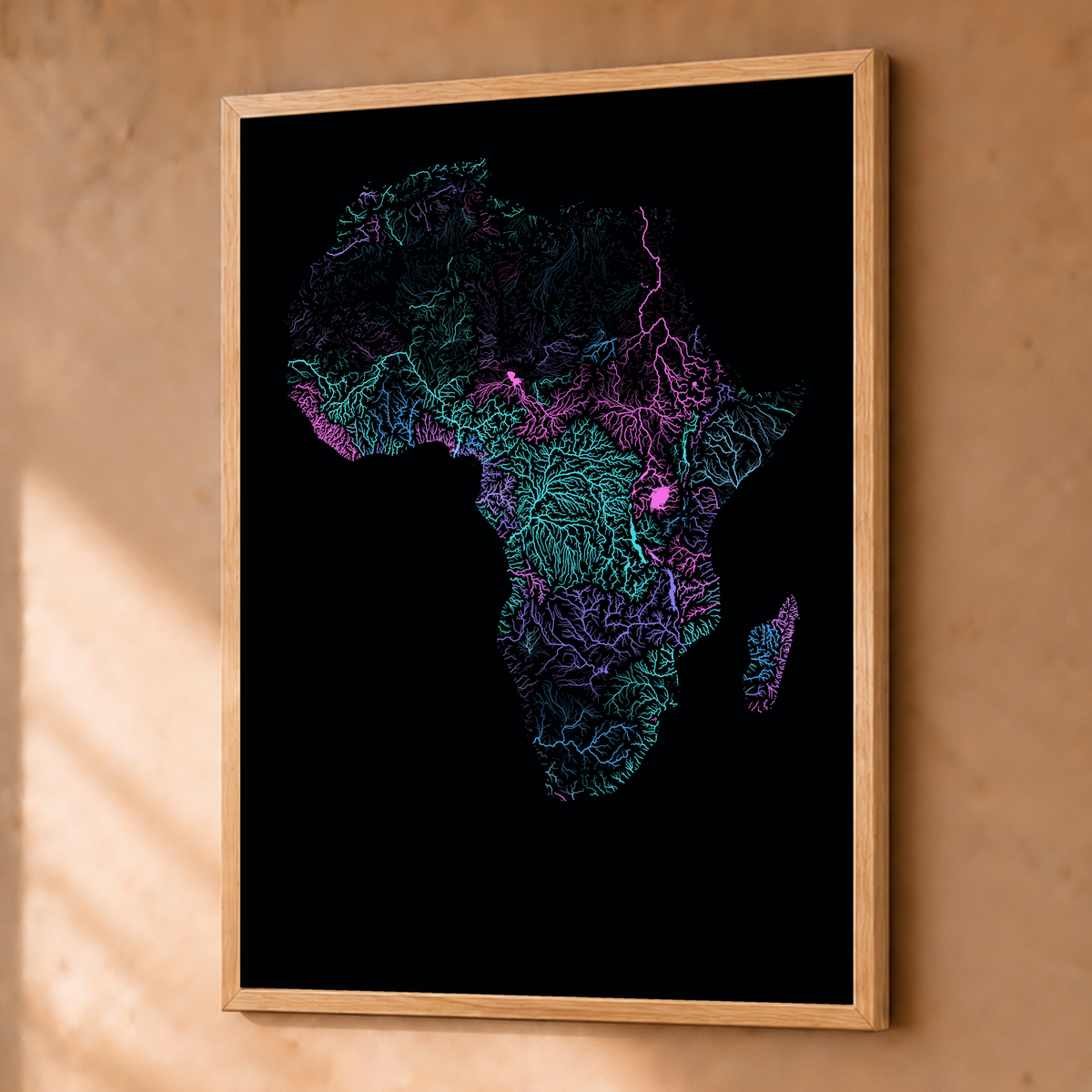 Beautiful Rivers — África — Neon hidrográfico, Fine art emoldurado · 45 × 60 cm, Natural · Sem margem