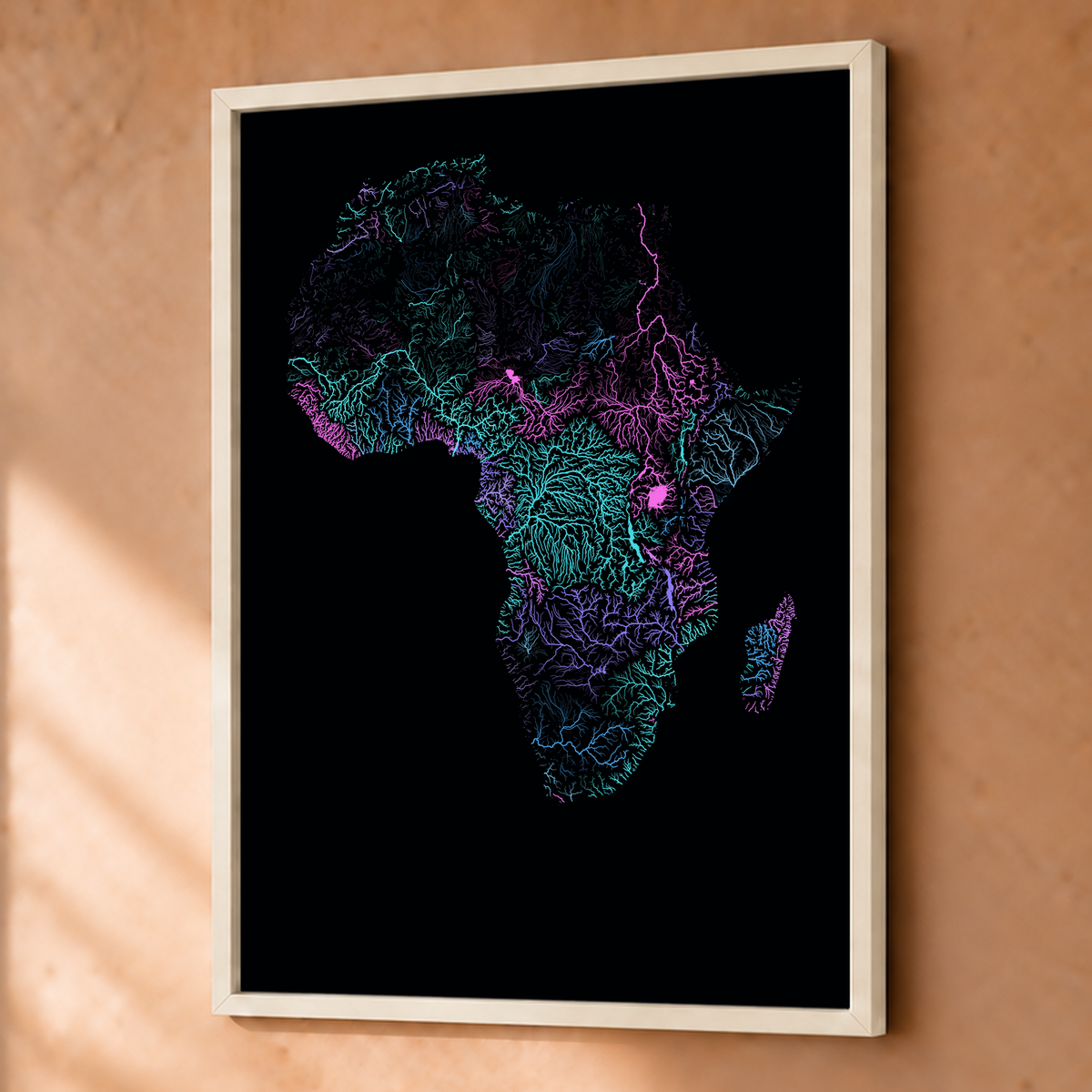 Beautiful Rivers — África — Neon hidrográfico, Fine art emoldurado · 45 × 60 cm, Branco · Sem margem