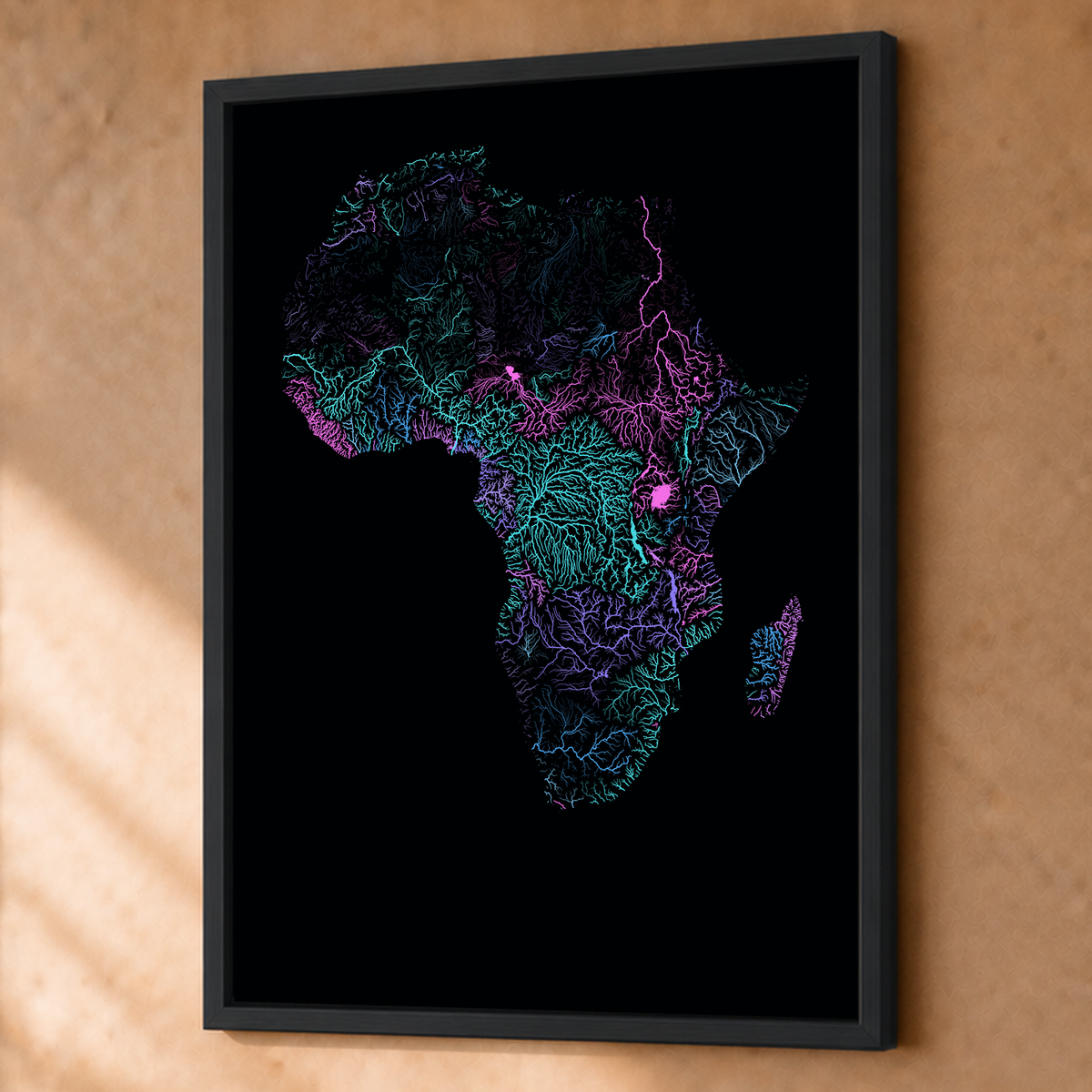 Beautiful Rivers — África — Neon hidrográfico, Fine art emoldurado · 60 × 80 cm, Preto · Sem margem