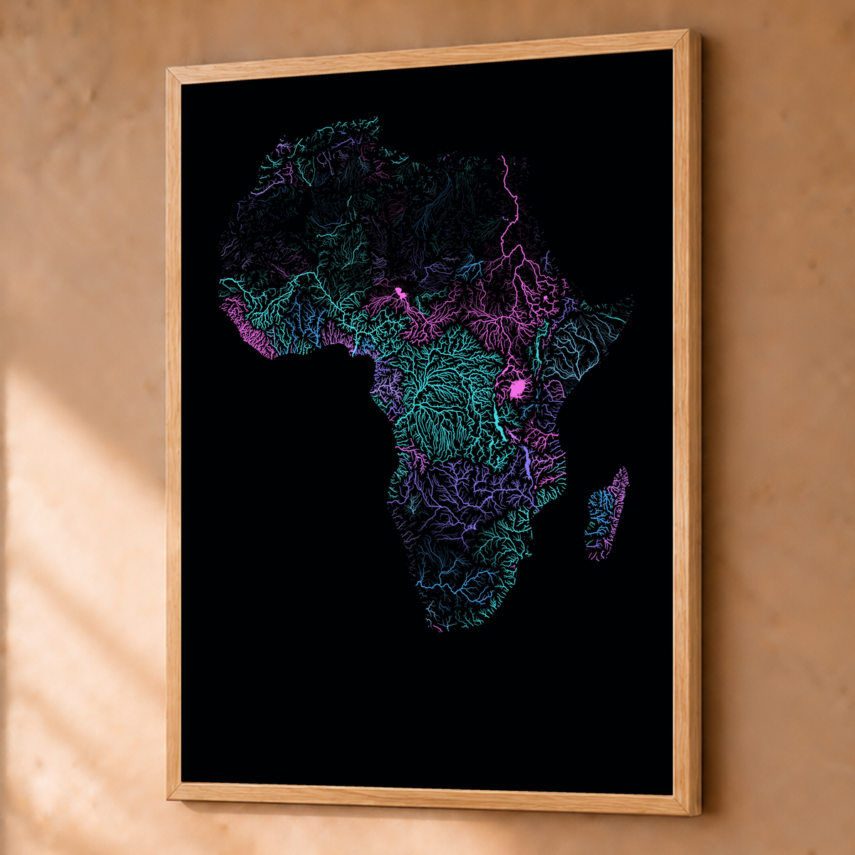 Beautiful Rivers — África — Neon hidrográfico, Fine art emoldurado · 60 × 80 cm, Natural · Sem margem