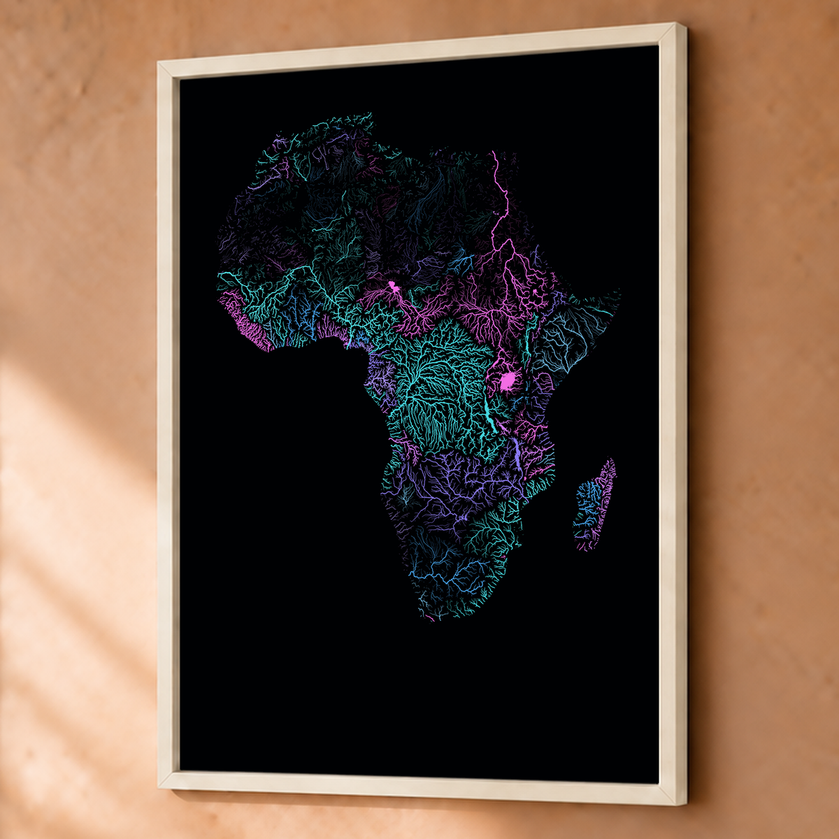 Beautiful Rivers — África — Neon hidrográfico, Fine art emoldurado · 60 × 80 cm, Branco · Sem margem