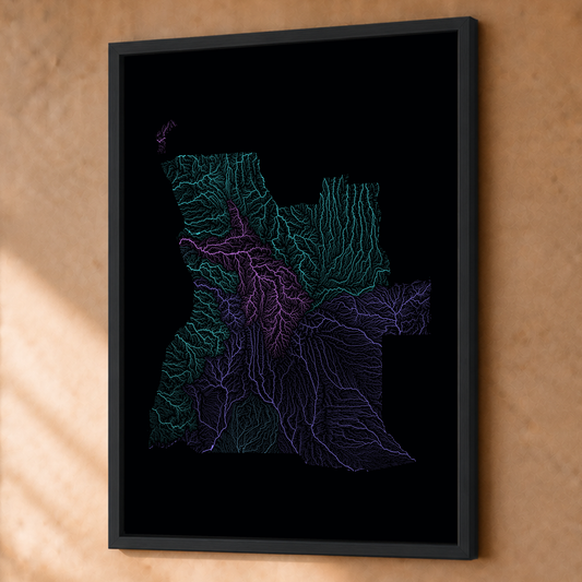Quadro dos rios de Angola — Neon hidrográfico, Preto · Sem margem — Fine art emoldurado — 3x4
