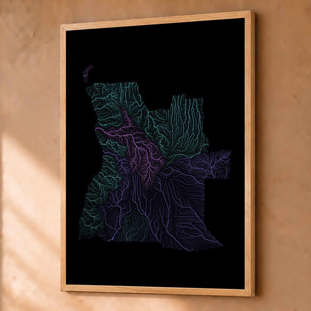 Quadro dos rios de Angola — Neon hidrográfico, Natural · Sem margem — Fine art emoldurado — 3x4