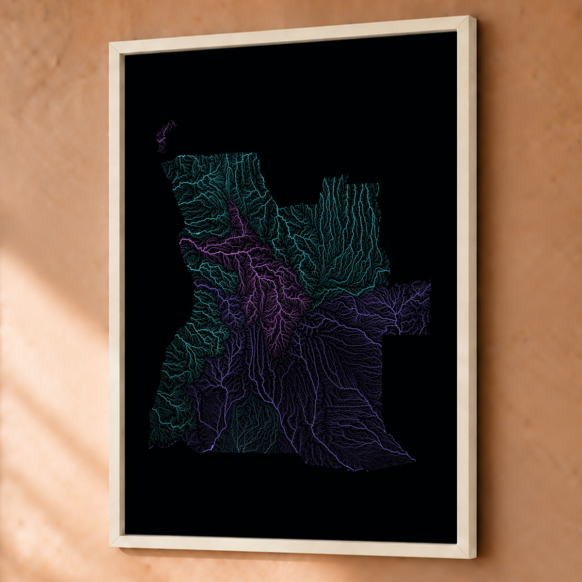 Quadro dos rios de Angola — Neon hidrográfico, Branco · Sem margem — Fine art emoldurado — 3x4