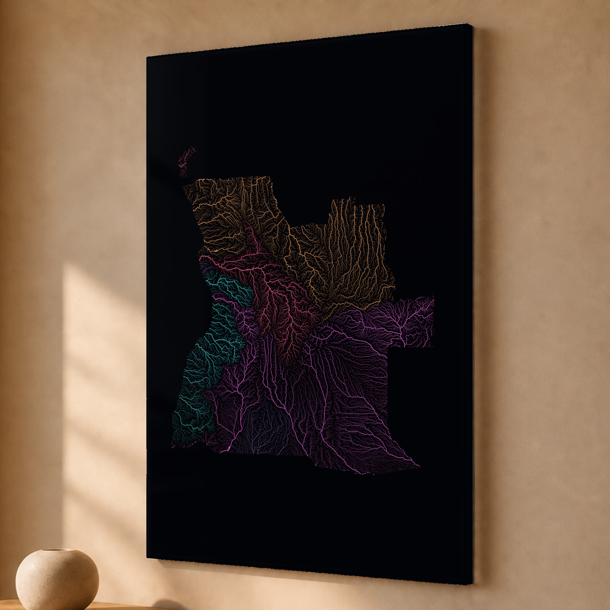 Quadro dos rios de Angola — Neon por território, Sem margem — Acrílico — 2x3