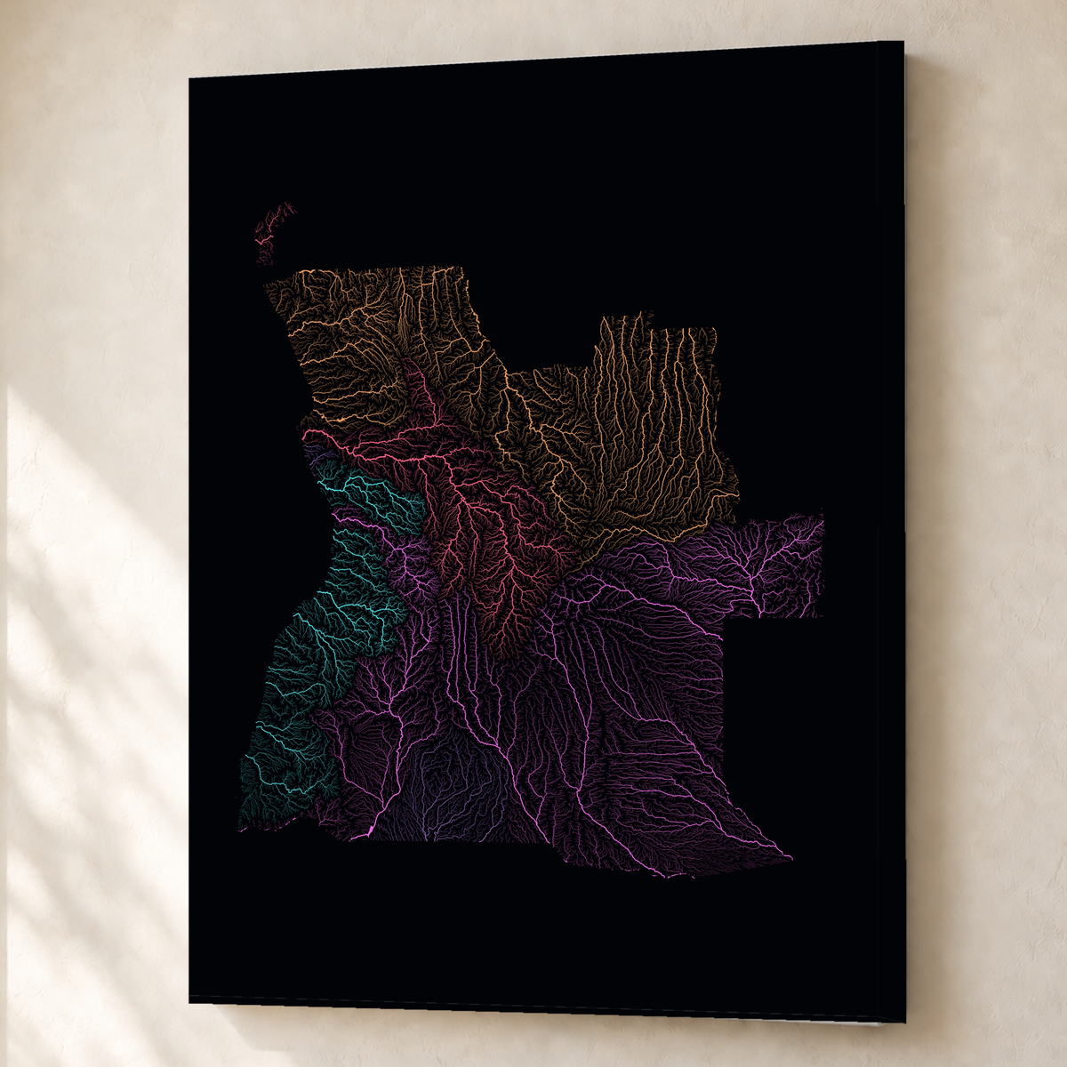 Quadro dos rios de Angola — Neon por território, Sem margem — Canvas — 3x4