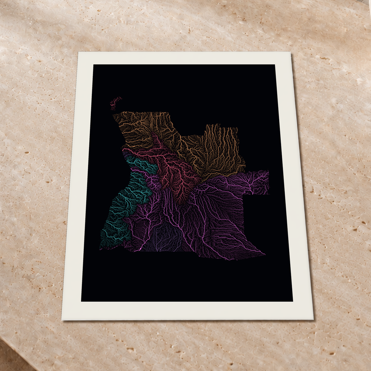 Quadro dos rios de Angola — Neon por território, Margem branca — Fine art print — 3x4