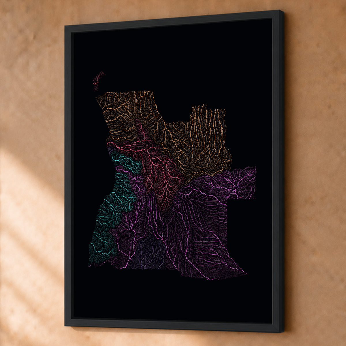 Quadro dos rios de Angola — Neon por território, Preto · Sem margem — Fine art emoldurado — 3x4