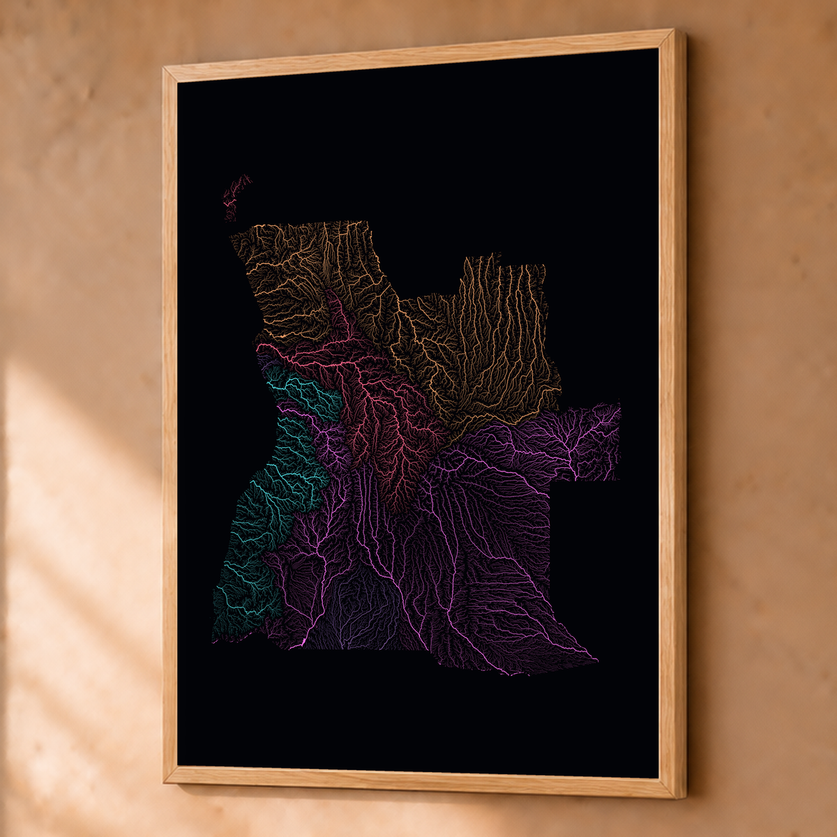 Quadro dos rios de Angola — Neon por território, Natural · Sem margem — Fine art emoldurado — 3x4