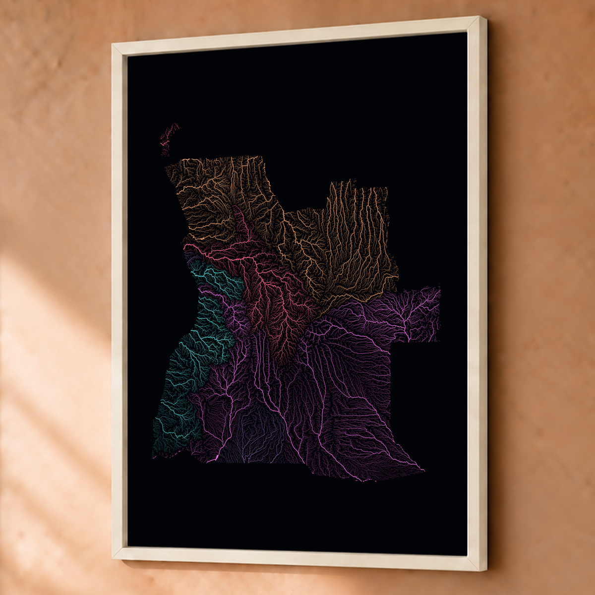 Quadro dos rios de Angola — Neon por território, Branco · Sem margem — Fine art emoldurado — 3x4