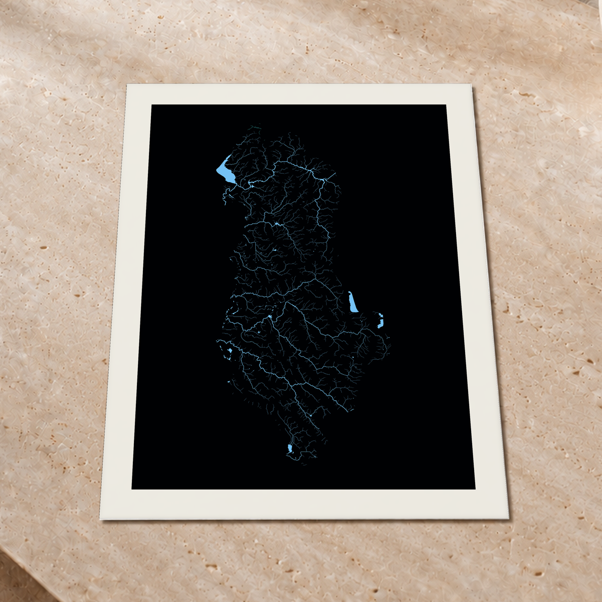 Beautiful Rivers — Albânia — Neon hidrográfico, Impressão fine art · 60 × 80 cm, Margem branca