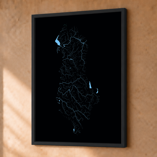 Beautiful Rivers — Albânia — Neon hidrográfico, Fine art emoldurado · 30 × 40 cm, Preto · Sem margem