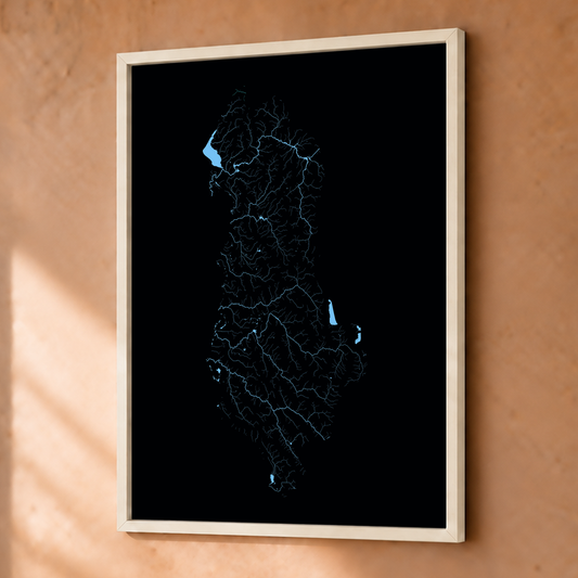 Beautiful Rivers — Albânia — Neon hidrográfico, Fine art emoldurado · 30 × 40 cm, Branco · Sem margem