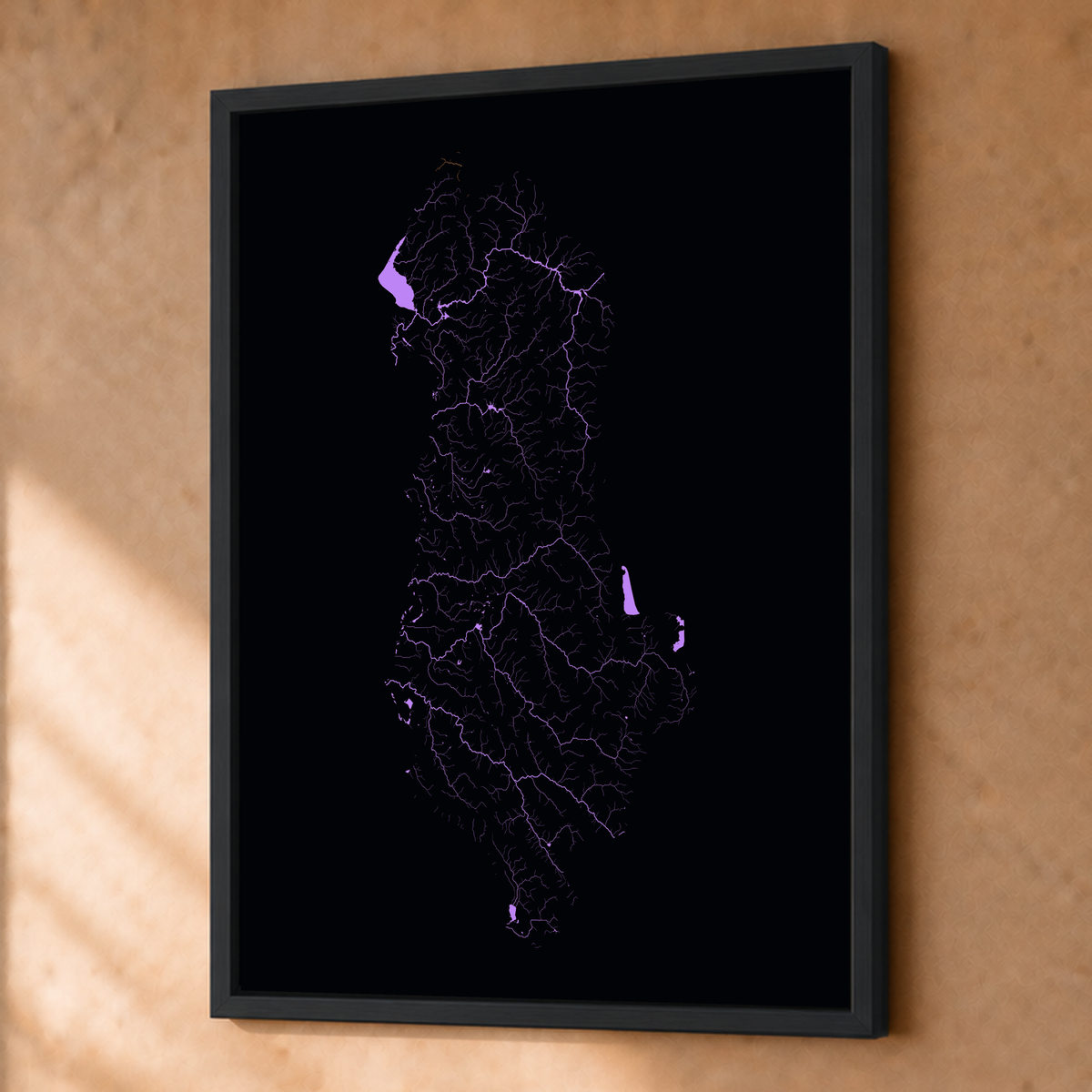 Beautiful Rivers — Albânia — Neon por território, Fine art emoldurado · 45 × 60 cm, Preto · Sem margem