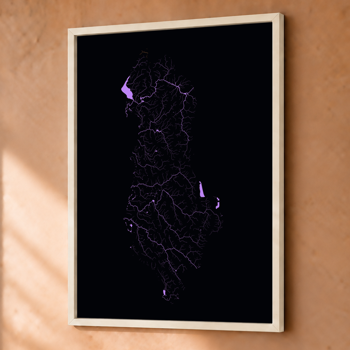 Beautiful Rivers — Albânia — Neon por território, Fine art emoldurado · 45 × 60 cm, Branco · Sem margem