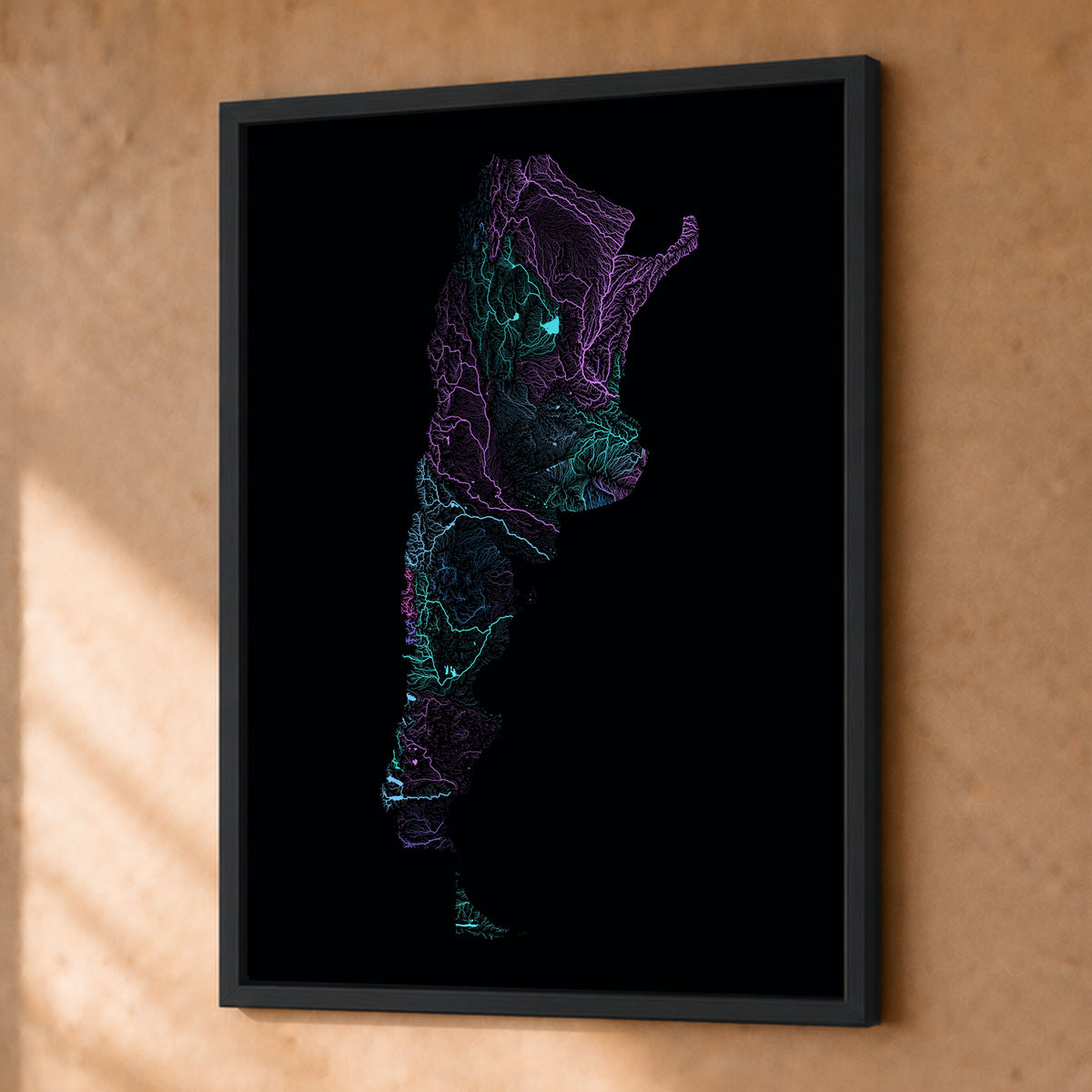 Beautiful Rivers — Argentina — Neon hidrográfico, Fine art emoldurado · 30 × 40 cm, Preto · Sem margem