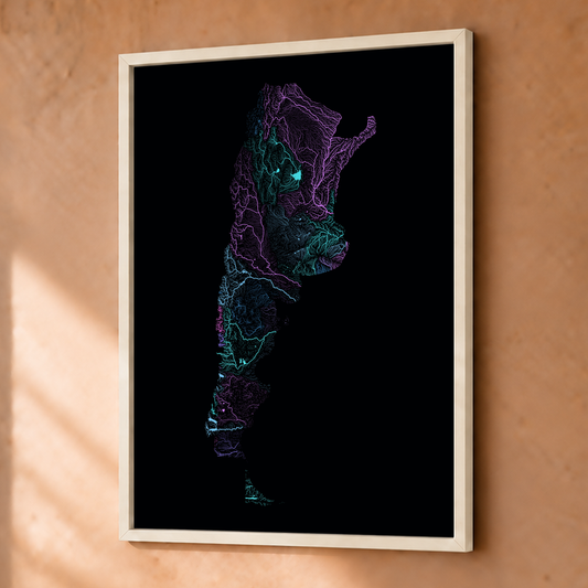 Beautiful Rivers — Argentina — Neon hidrográfico, Fine art emoldurado · 30 × 40 cm, Branco · Sem margem