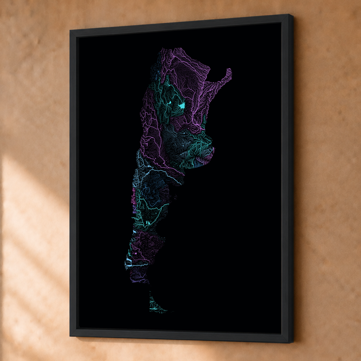 Beautiful Rivers — Argentina — Neon hidrográfico, Fine art emoldurado · 45 × 60 cm, Preto · Sem margem