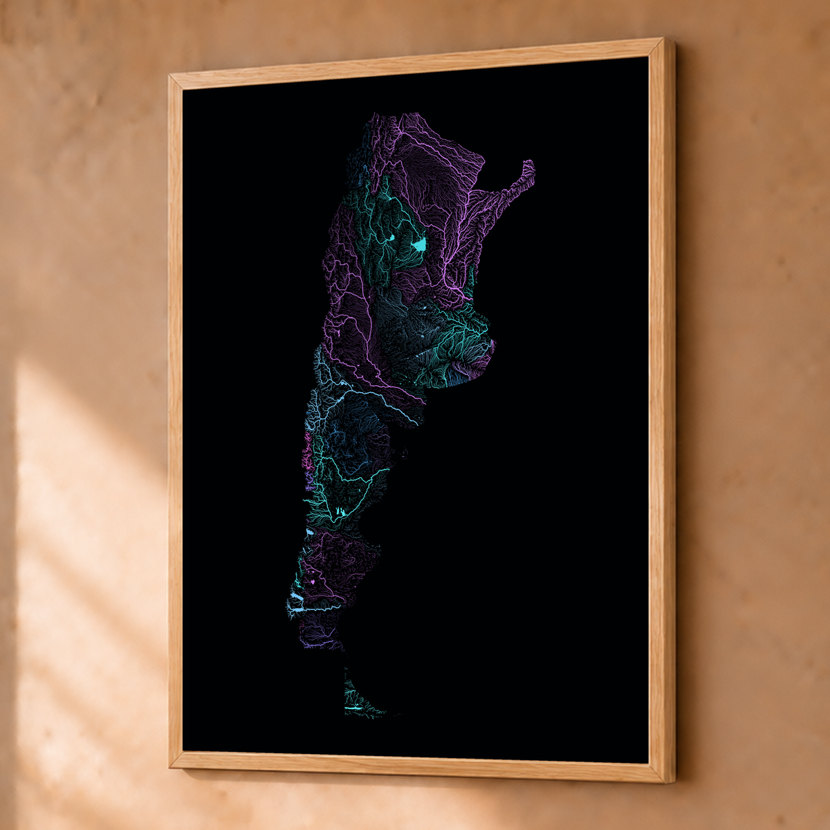 Beautiful Rivers — Argentina — Neon hidrográfico, Fine art emoldurado · 45 × 60 cm, Natural · Sem margem
