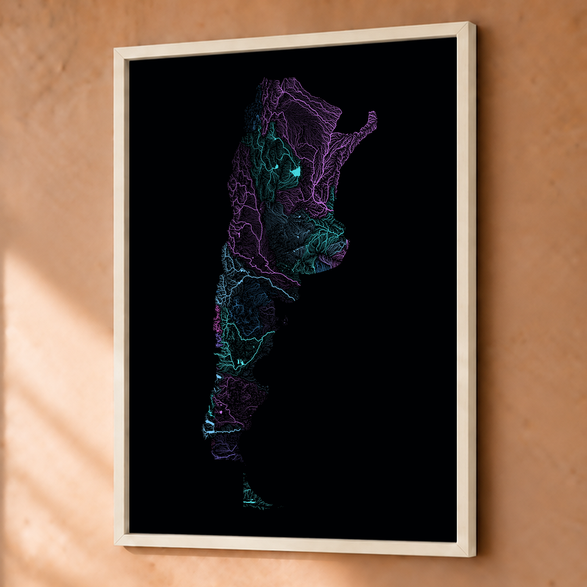 Beautiful Rivers — Argentina — Neon hidrográfico, Fine art emoldurado · 45 × 60 cm, Branco · Sem margem