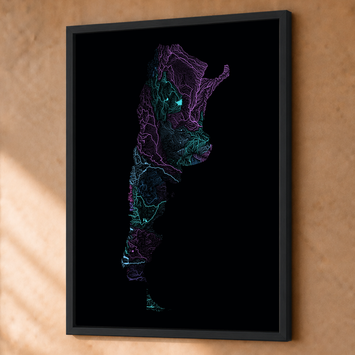 Beautiful Rivers — Argentina — Neon hidrográfico, Fine art emoldurado · 60 × 80 cm, Preto · Sem margem