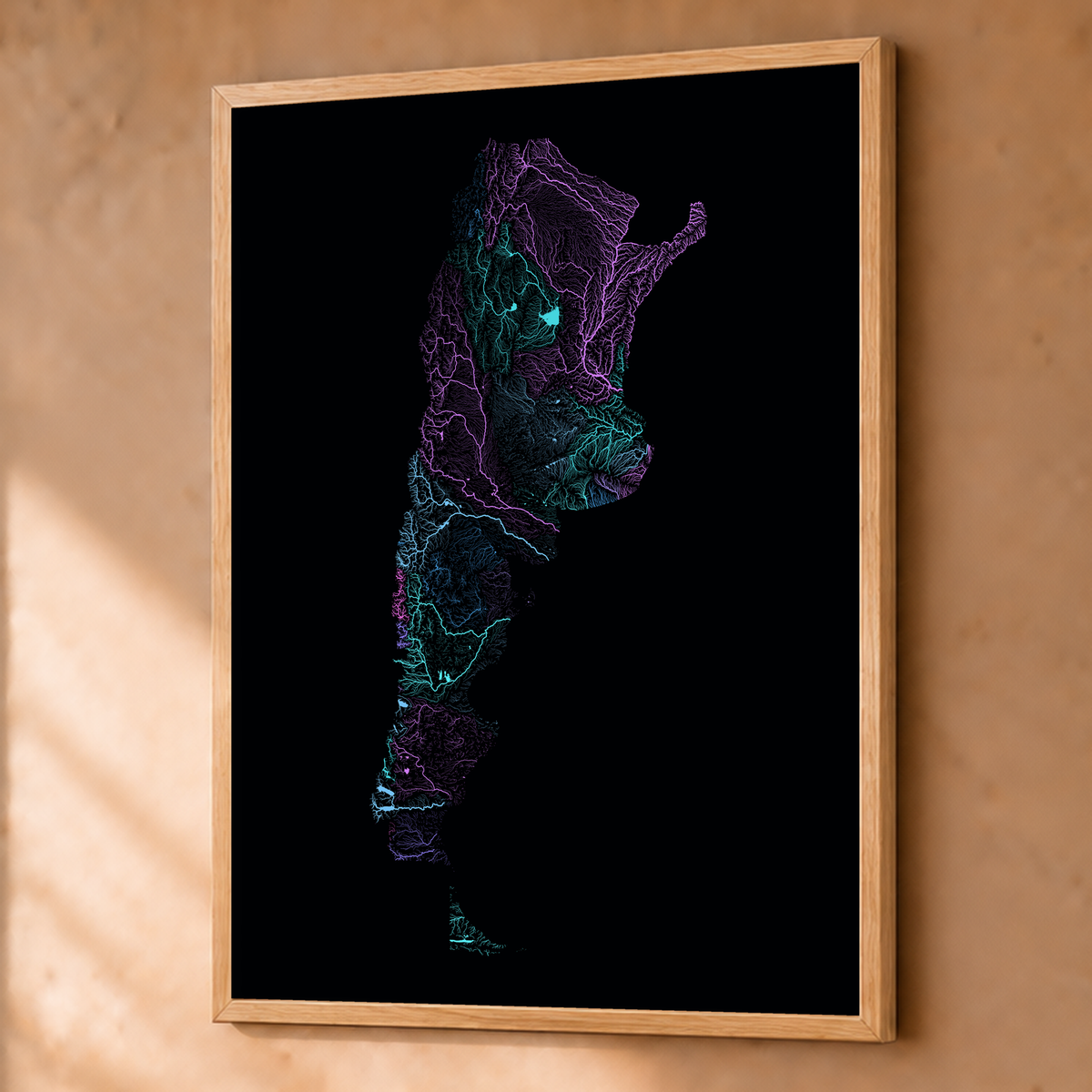 Beautiful Rivers — Argentina — Neon hidrográfico, Fine art emoldurado · 60 × 80 cm, Natural · Sem margem