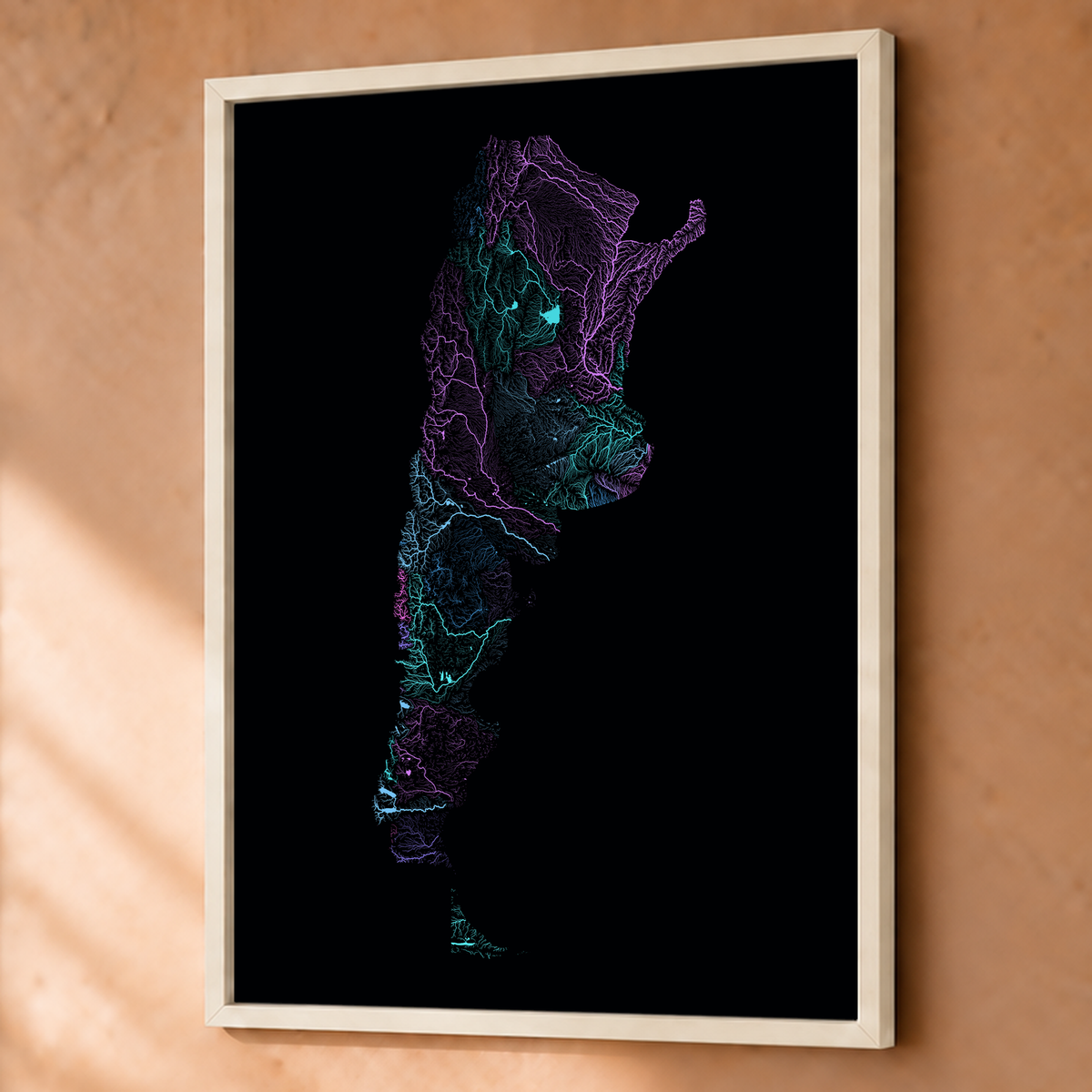 Beautiful Rivers — Argentina — Neon hidrográfico, Fine art emoldurado · 60 × 80 cm, Branco · Sem margem