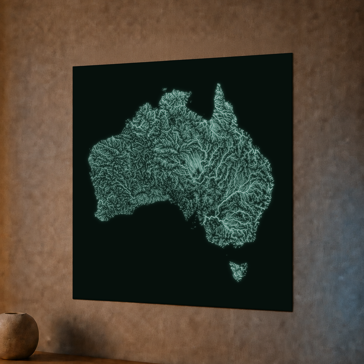 Mappa idrografica — Australia, poster fosforescente, 30 × 30 cm, vista notturna