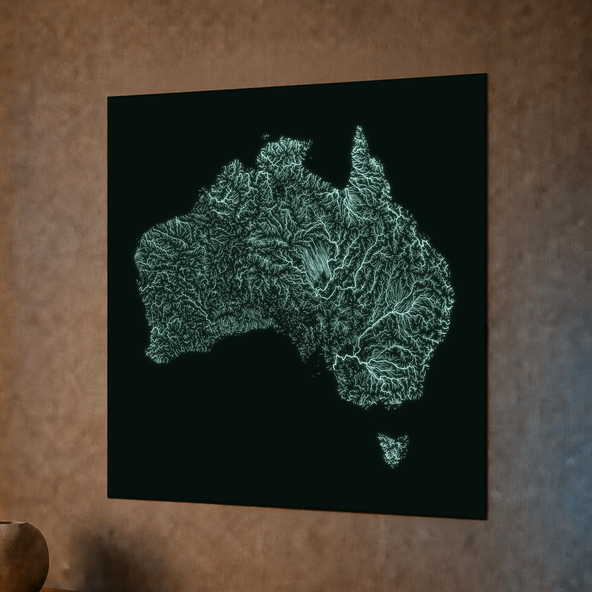 Mappa idrografica — Australia, poster fosforescente, 50 × 50 cm, vista notturna