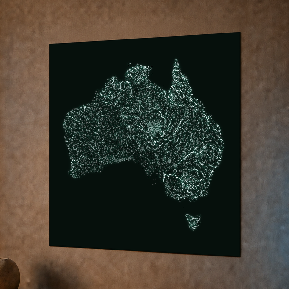 Mappa idrografica — Australia, poster fosforescente, 76 × 76 cm, vista notturna