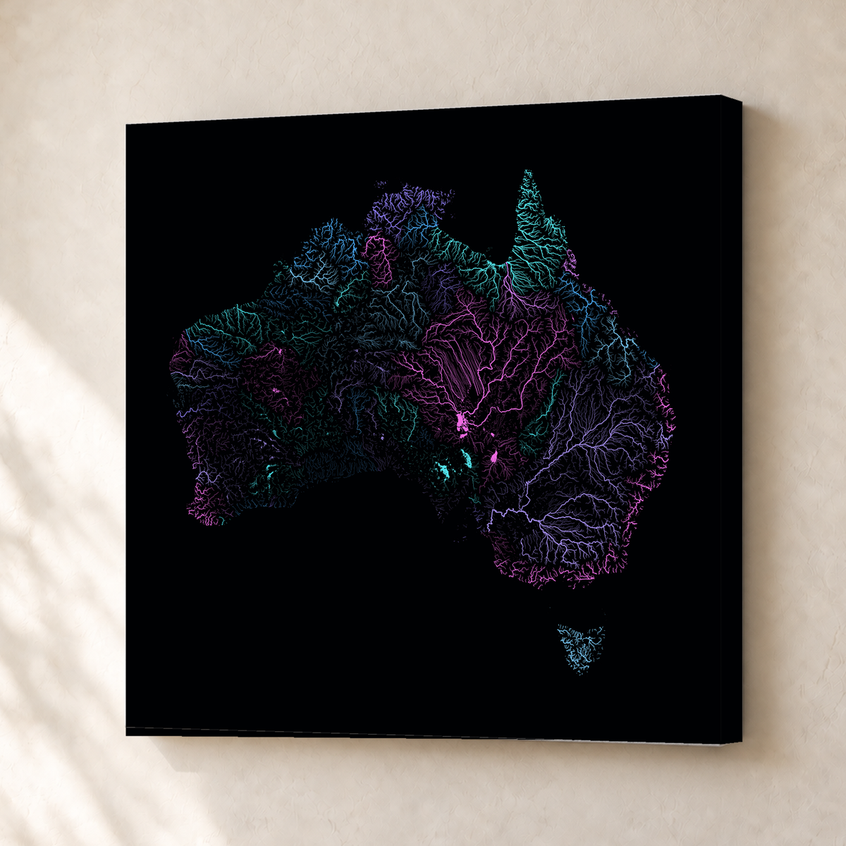 Beautiful Rivers — Austrália — Neon hidrográfico, Canvas · 30 × 30 cm, Sem margem