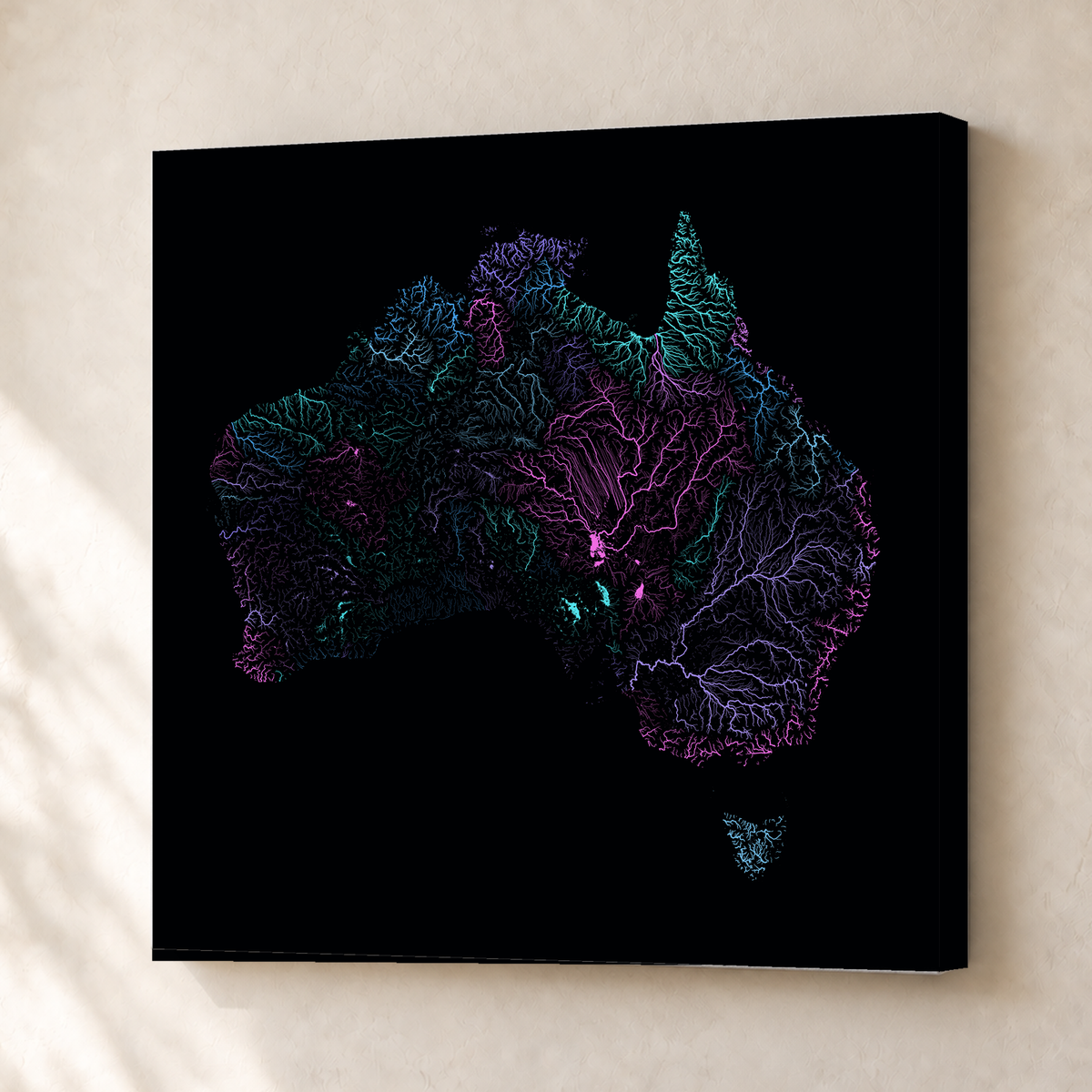 Beautiful Rivers — Austrália — Neon hidrográfico, Canvas · 50 × 50 cm, Sem margem
