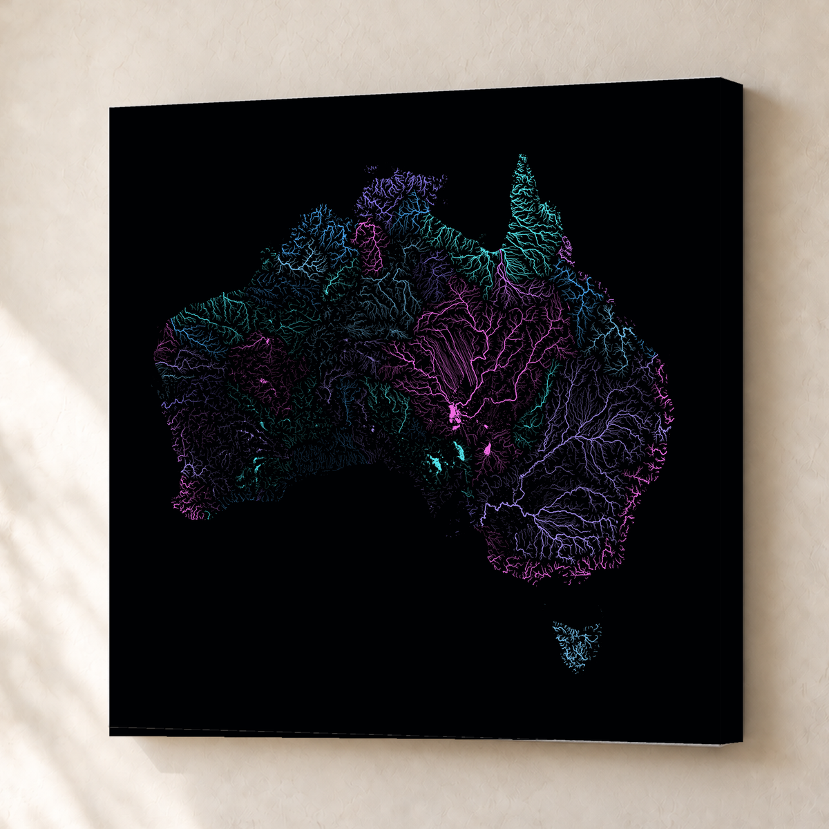 Beautiful Rivers — Austrália — Neon hidrográfico, Canvas · 76 × 76 cm, Sem margem