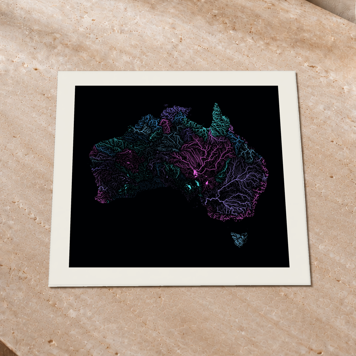 Beautiful Rivers — Austrália — Neon hidrográfico, Impressão fine art · 50 × 50 cm, Margem branca