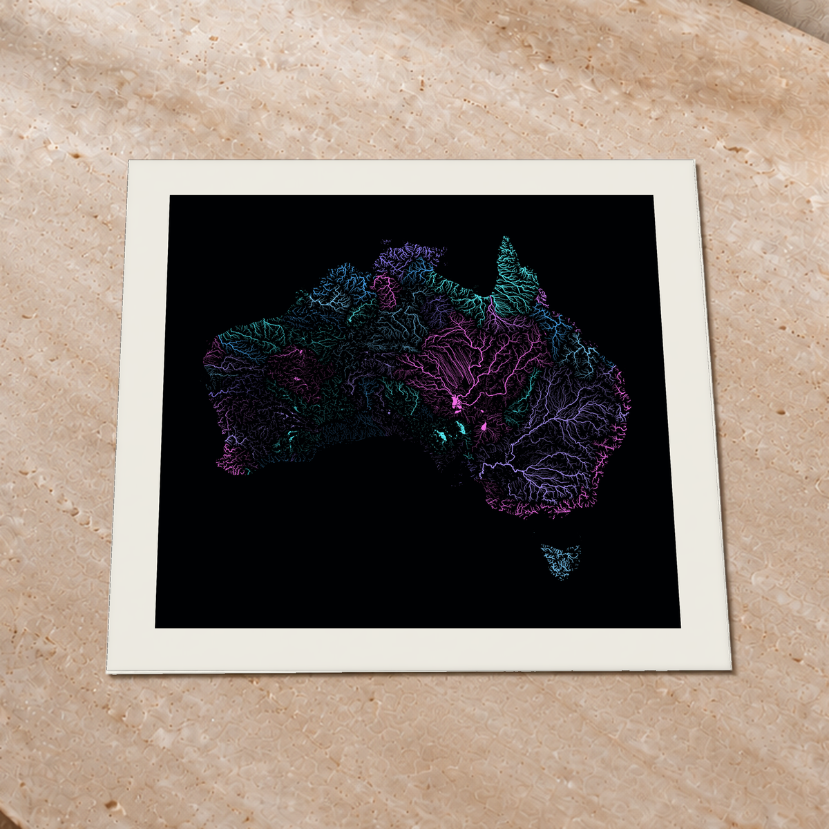 Beautiful Rivers — Austrália — Neon hidrográfico, Impressão fine art · 76 × 76 cm, Margem branca