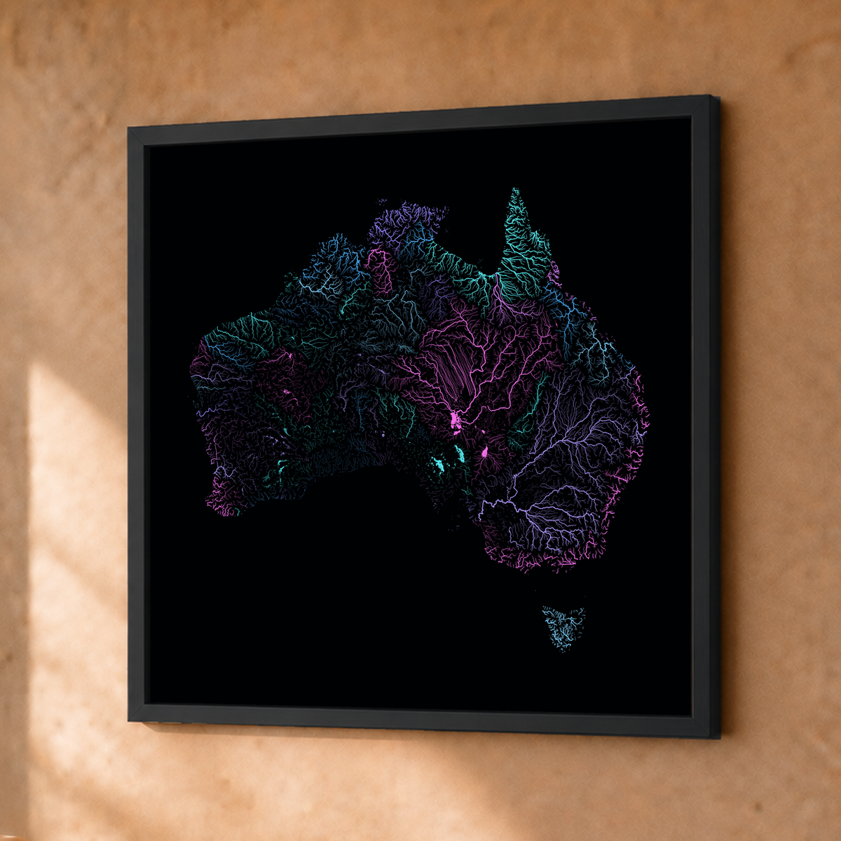 Beautiful Rivers — Austrália — Neon hidrográfico, Fine art emoldurado · 30 × 30 cm, Preto · Sem margem