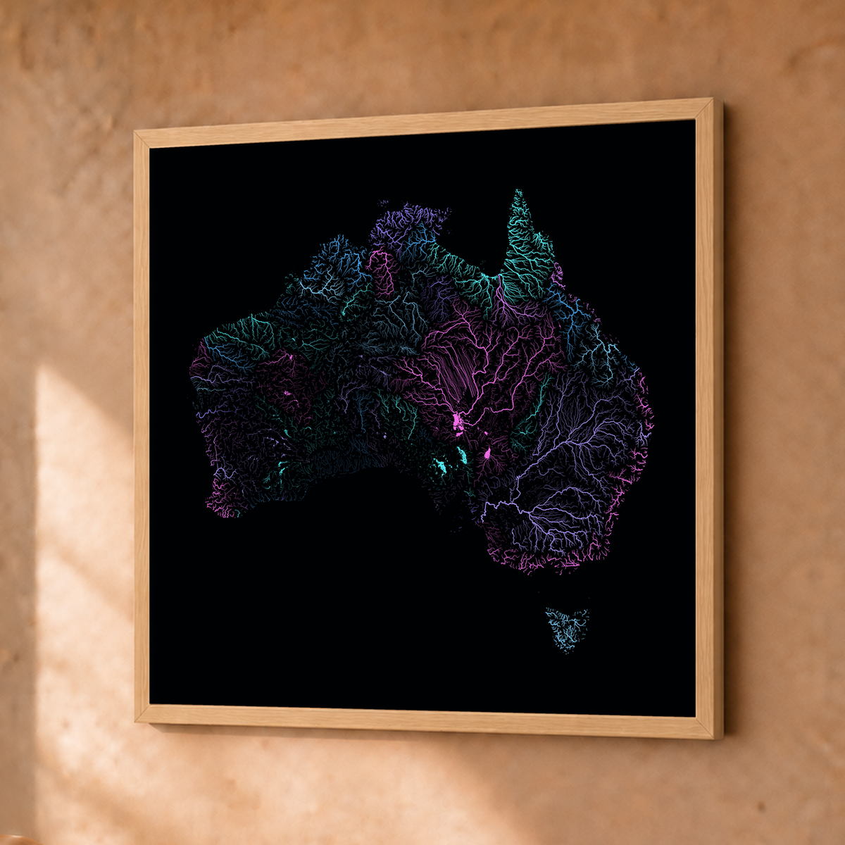 Beautiful Rivers — Austrália — Neon hidrográfico, Fine art emoldurado · 30 × 30 cm, Natural · Sem margem