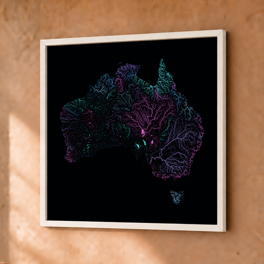 Beautiful Rivers — Austrália — Neon hidrográfico, Fine art emoldurado · 30 × 30 cm, Branco · Sem margem