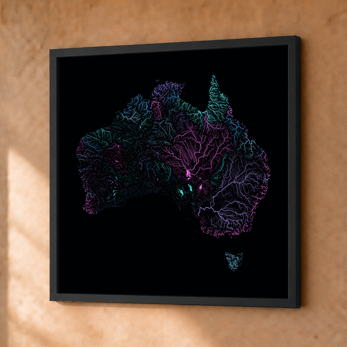 Beautiful Rivers — Austrália — Neon hidrográfico, Fine art emoldurado · 50 × 50 cm, Preto · Sem margem