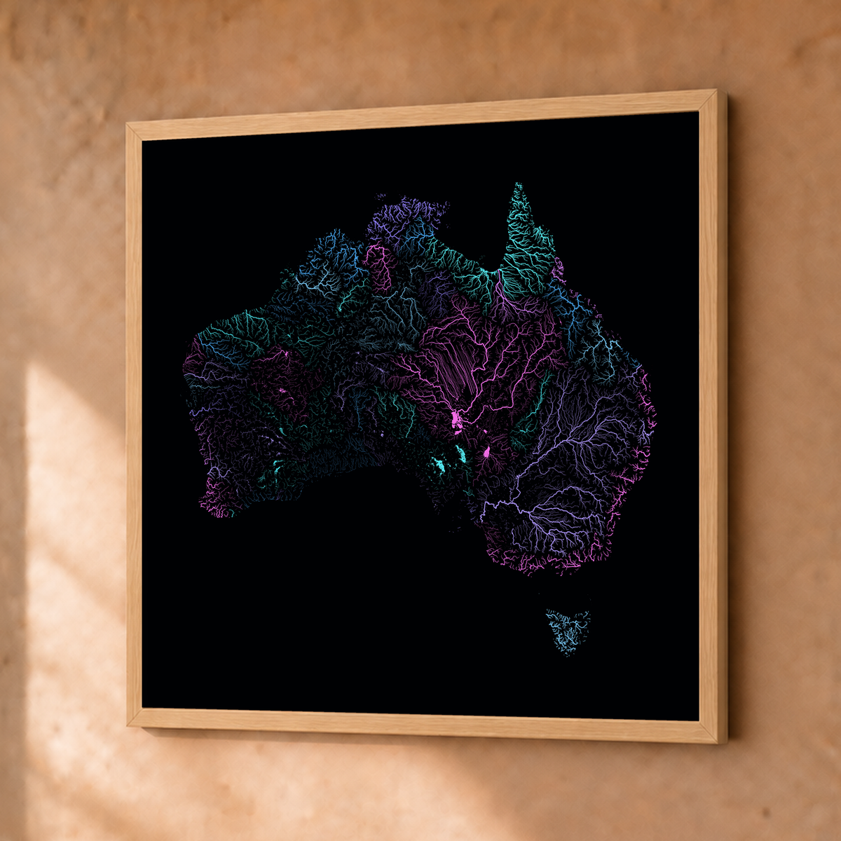 Beautiful Rivers — Austrália — Neon hidrográfico, Fine art emoldurado · 50 × 50 cm, Natural · Sem margem