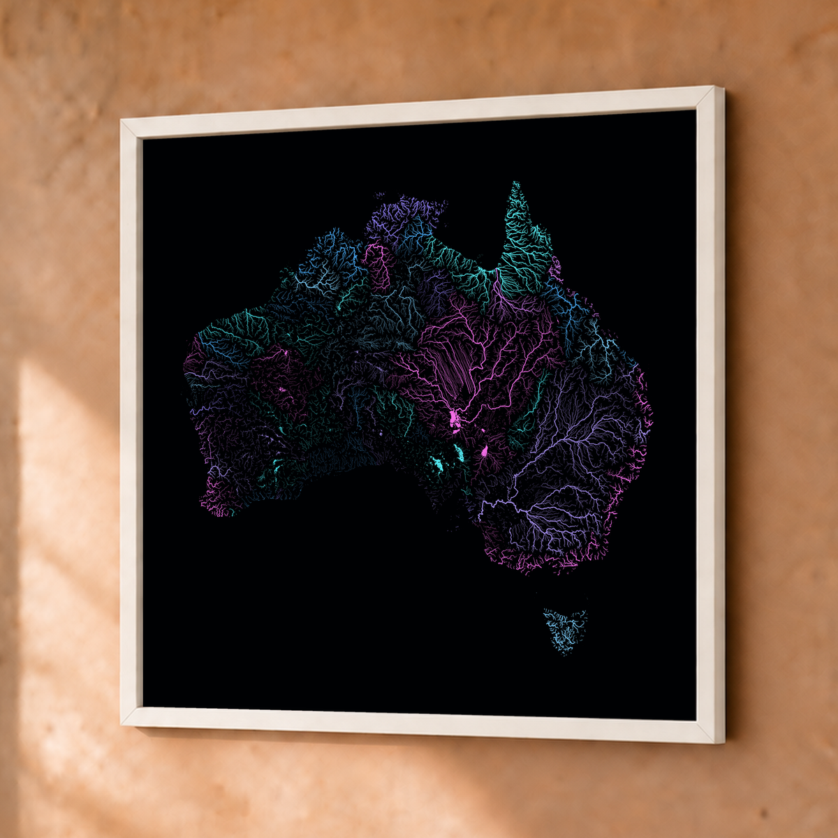 Beautiful Rivers — Austrália — Neon hidrográfico, Fine art emoldurado · 50 × 50 cm, Branco · Sem margem
