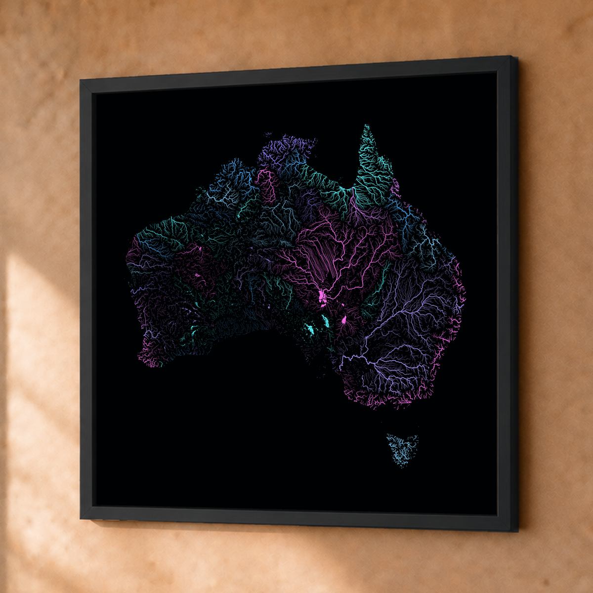 Beautiful Rivers — Austrália — Neon hidrográfico, Fine art emoldurado · 76 × 76 cm, Preto · Sem margem