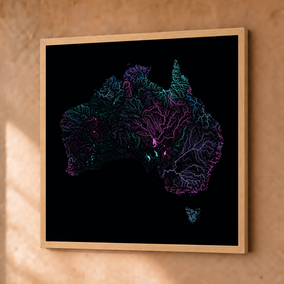 Beautiful Rivers — Austrália — Neon hidrográfico, Fine art emoldurado · 76 × 76 cm, Natural · Sem margem