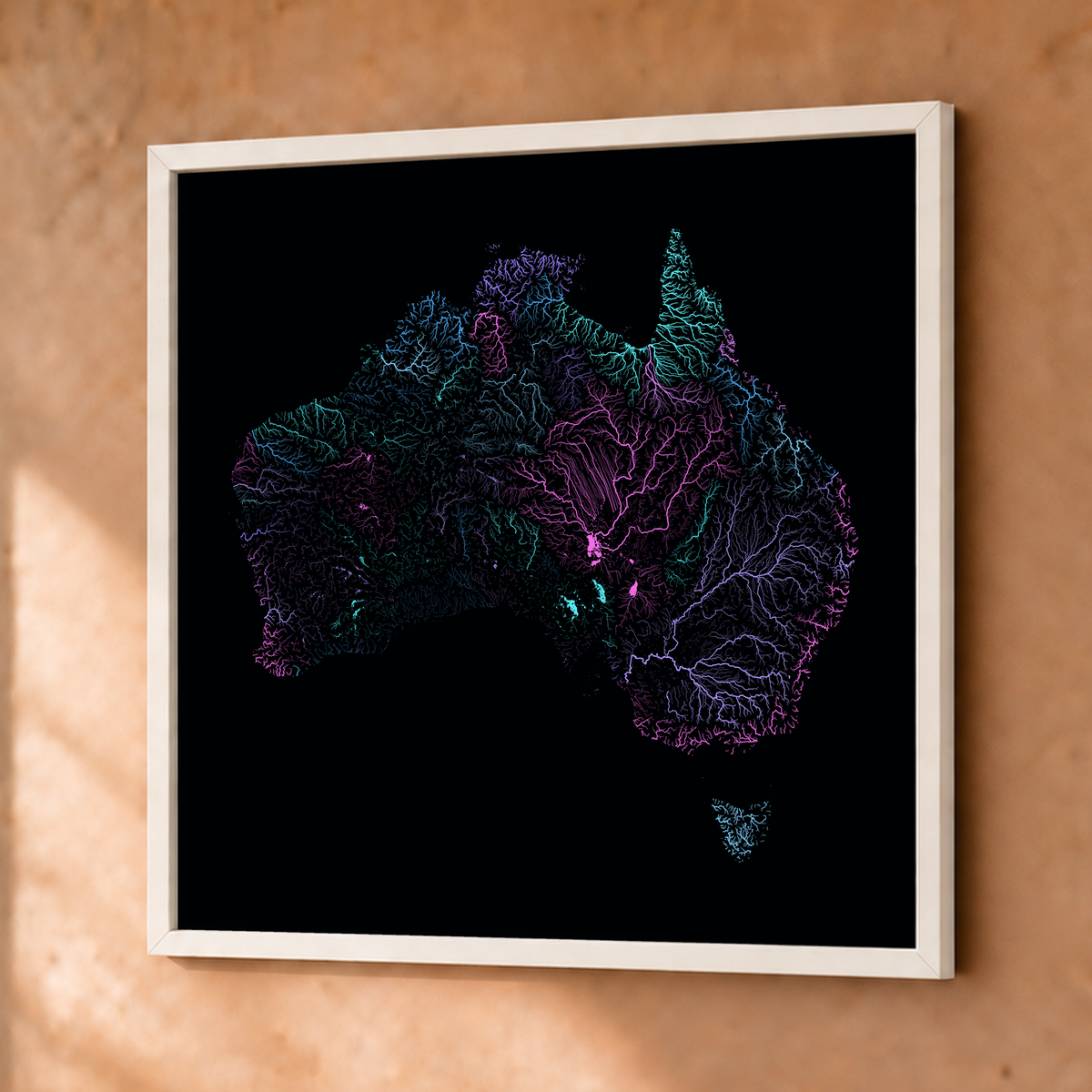Beautiful Rivers — Austrália — Neon hidrográfico, Fine art emoldurado · 76 × 76 cm, Branco · Sem margem