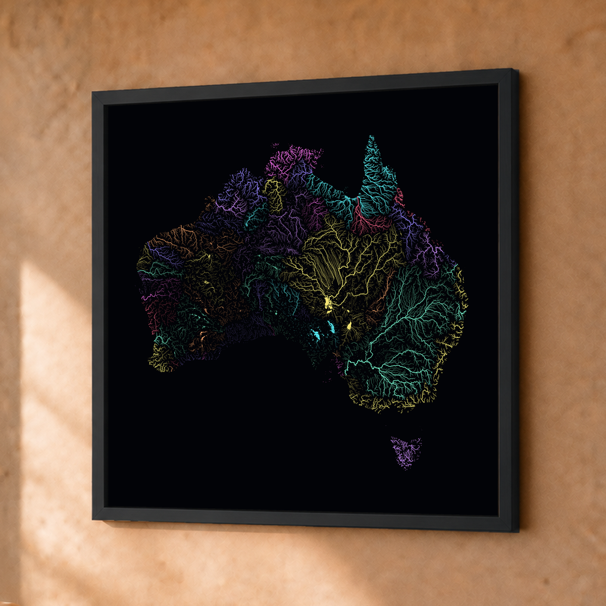 Beautiful Rivers — Austrália — Neon por território, Fine art emoldurado · 30 × 30 cm, Preto · Sem margem