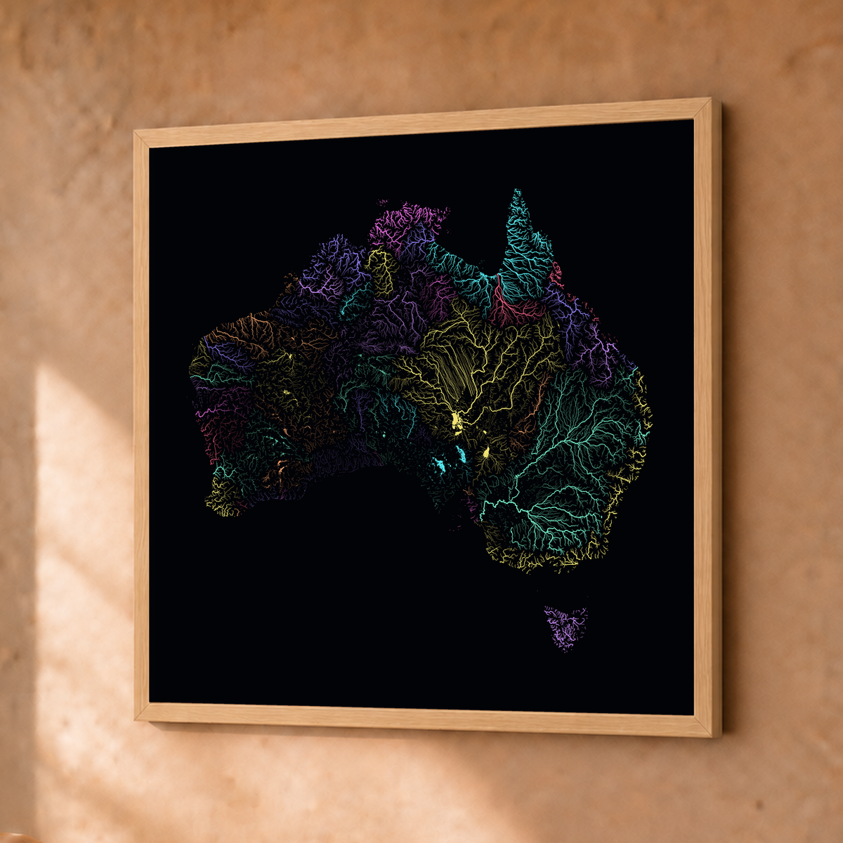 Beautiful Rivers — Austrália — Neon por território, Fine art emoldurado · 30 × 30 cm, Natural · Sem margem