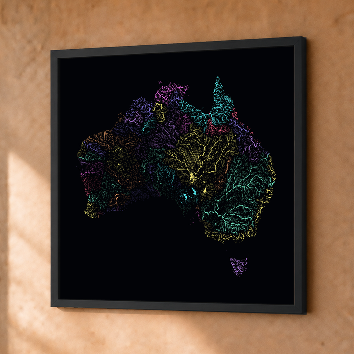 Beautiful Rivers — Austrália — Neon por território, Fine art emoldurado · 50 × 50 cm, Preto · Sem margem